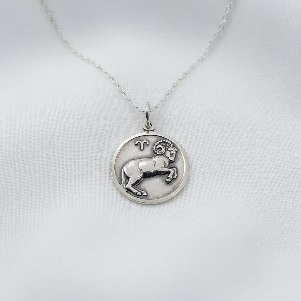Silver zodiac pendant necklace on a white background