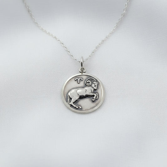 Silver zodiac pendant necklace on a white background