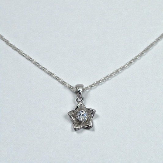 Silver necklace with a flower-shaped pendant on a light gray background